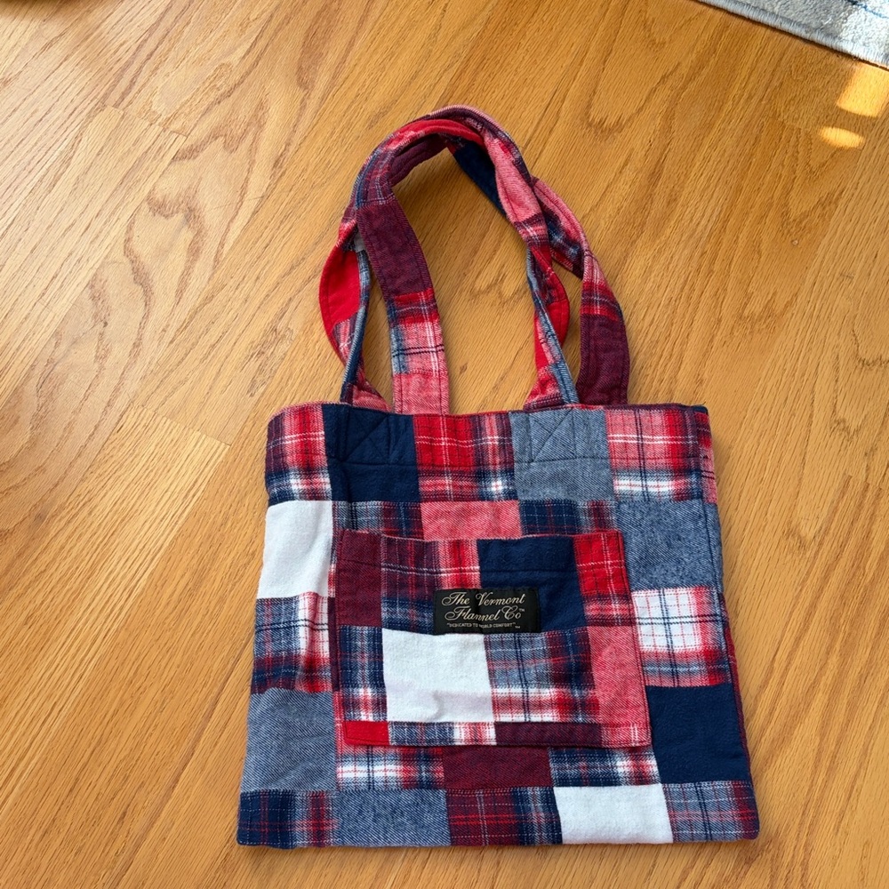 The Vermont flannel company red white blue patchwork flannel tote carry all
